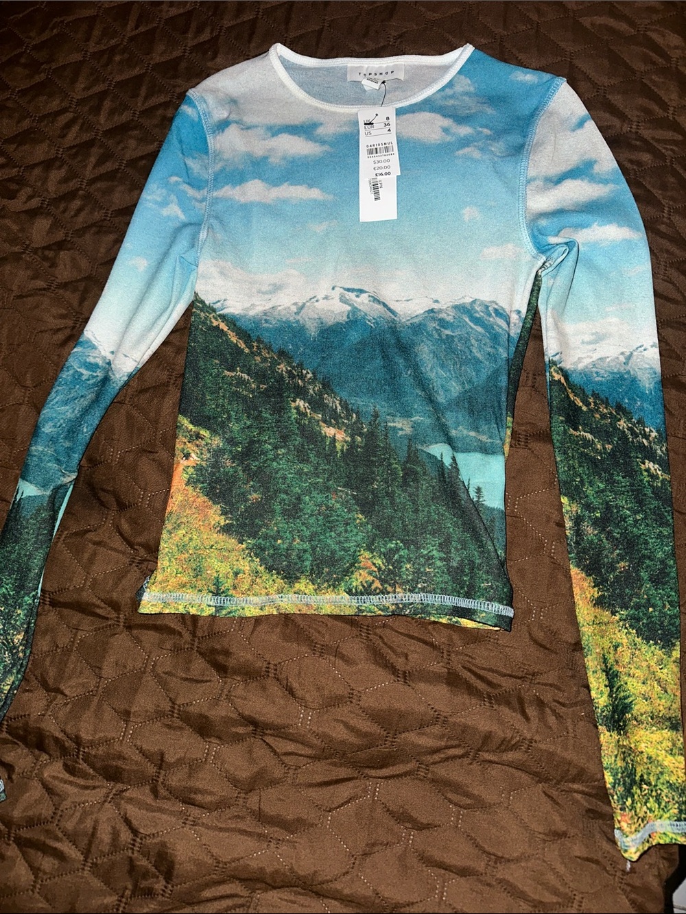 Topshop Scenic Mountain Print Long Sleeve Top in Blue and Green